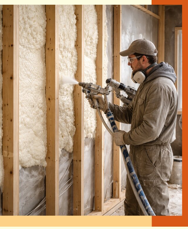 Утепление каркасной стены ППУ в Подольске от 4428 руб./м2 под ключ | ТепломастерПдл