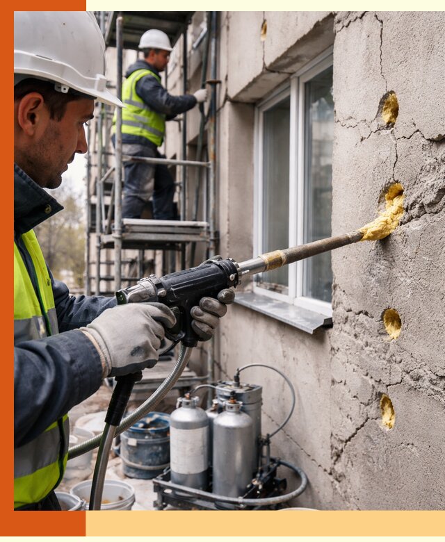 Заполнение пустот в фасаде и утепление стен в Подольске